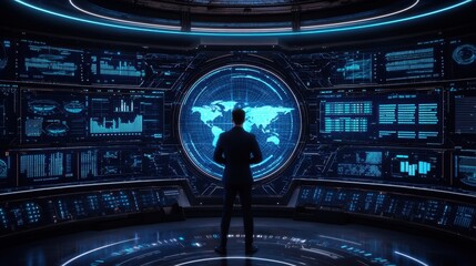 Poster - Business Professional in Futuristic Control Room Analyzing Digital Data and Global Information via High-Tech Computer Displays and Interactive Interfaces