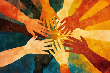 Aufkleber - Unity in diversity depicted through interconnected hands showcasing support and harmony among different cultures. Generative AI