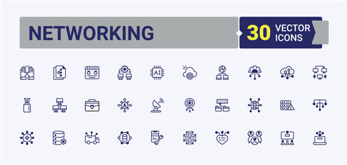 Poster - Networking minimal icon set. Pack of tech, technology, collaboration, group, network, digital, meeting, internet. Minimal linear icons. Solid line editable stroke.