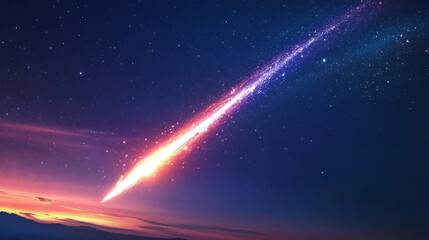 Wall Mural - Missile or star light trail effect. Realistic vector illustration of rocket or space object falling or flying with colorful glowing neon tail. Magic flare with motion streak and shine dust and sparks.