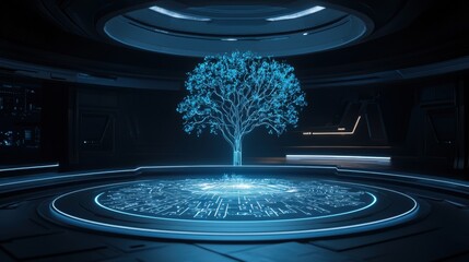 Poster - Futuristic Illuminated Tree in a High-Tech Environment with Digital Patterns and Glowing Effects in Dark Interior Space