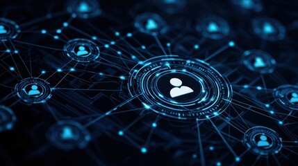 Poster - Abstract representation of digital network connections with glowing nodes, symbols of users, and interconnected lines in a dark blue background