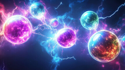 Wall Mural - Magic game balls set isolated on transparent background. Vector realistic illustration of neon color energy balls with explosion, sparkling texture, fire sparkles, lightning bolts, round space objects