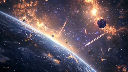 Fantasy planets in space cartoon landing pages. Futuristic satellite, meteor, asteroid in dark starry sky. Galaxy, cosmos, universe fantasy travel, computer game interface, Vector web banners design