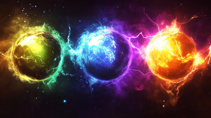 Wall Mural - Magic game balls set isolated on transparent background. Vector realistic illustration of neon color energy balls with explosion, sparkling texture, fire sparkles, lightning bolts, round space objects