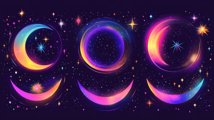 Wall Mural - Total and partial solar eclipse with different neon glow colors on dark night sky background. Realistic vector illustration set of abstract cosmos sun corona with circle and crescent bright shine.