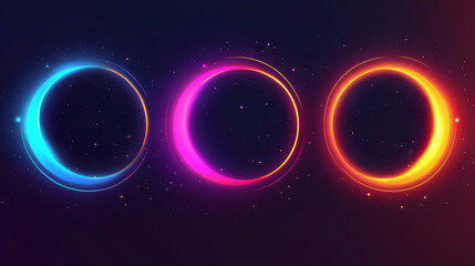 Wall Mural - Total and partial solar eclipse with different neon glow colors on dark night sky background. Realistic vector illustration set of abstract cosmos sun corona with circle and crescent bright shine.
