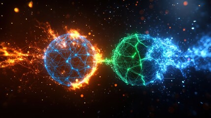Fototapete - Two glowing spheres with sparks and blue green network lines in a futuristic digital background