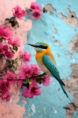 Wall Mural - Colorful bee eater bird perching on bougainvillea branch in tropical setting