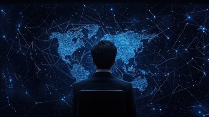 Poster - Business professional observing a dynamic digital world map with interconnected data points and glowing network connections for global analysis and strategy