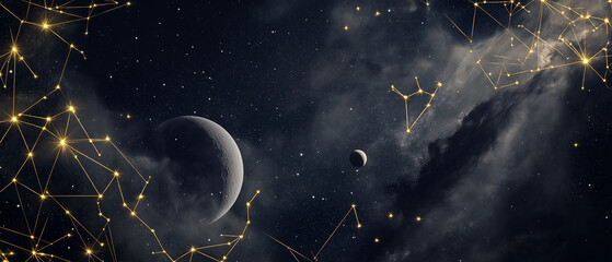 Wall Mural - Dark celestial background with glowing golden zodiac constellations, stardust trails, nebula clouds, planetary orbits, and a delicate silver moon, creating an ethereal, mystical atmosphere.
