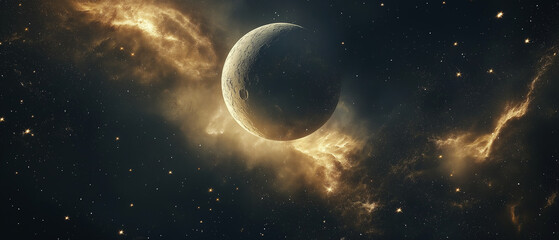Wall Mural - Dark celestial background with glowing golden zodiac constellations, stardust trails, nebula clouds, planetary orbits, and a delicate silver moon, creating an ethereal, mystical atmosphere.