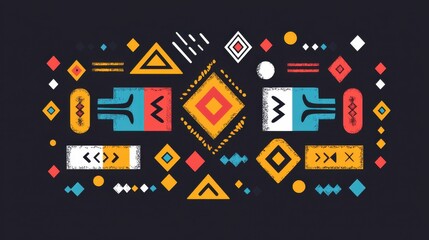 Poster - Colorful abstract design featuring geometric shapes and vibrant patterns on a dark background, suitable for creative projects and art prints