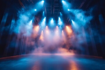 Aufkleber - Empty stage lit with blue and orange spotlights lighting through smoke