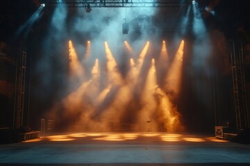Aufkleber - Empty stage lit by warm spotlights and filled with smoke