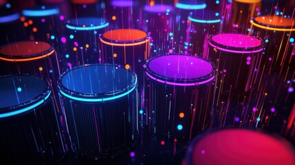 Poster - Abstract Colorful Cylinders with Glowing Lights and Particles in a Vibrant Neon Atmosphere for Creative Backgrounds and Designs