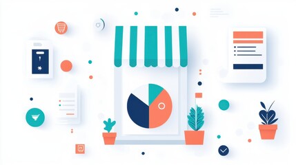 Poster - Colorful and Modern Illustration of a Retail Storefront with Pie Chart and Various Graphical Elements Representing Business Analytics