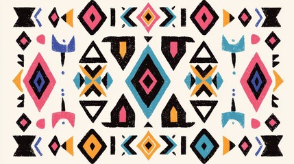 Poster - Vibrant Geometric Pattern with Colorful Diamonds, Triangles, and Shapes on a Light Background Ideal for Modern Design Projects and Creative Applications