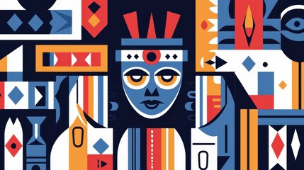 Aufkleber - Colorful Abstract Art with Geometric Shapes and Cultural Elements Depicting a Face in Bold Colors and Patterns