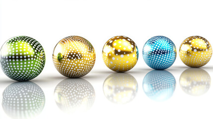 Poster - Abstract 3d balls, decorative decorated spheres on white background. Gold, yellow, green and blue shiny orbs with ornament and light reflection. Graphic design elements, Realistic vector illustration