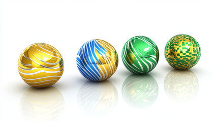 Poster - Abstract 3d balls, decorative decorated spheres on white background. Gold, yellow, green and blue shiny orbs with ornament and light reflection. Graphic design elements, Realistic vector illustration