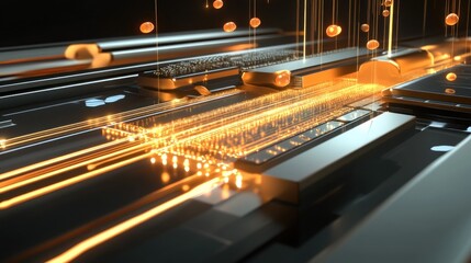 Poster - Abstract Digital Circuitry: Glowing Orange Pathways and Data Streams