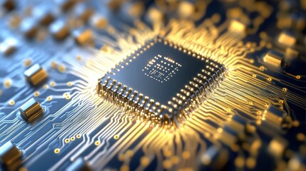 Poster - Golden Microchip: A Close-Up View of Technological Marvel