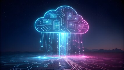 Wall Mural - A luminous digital cloud made of intricate neon circuits, symbolizing technology and connectivity