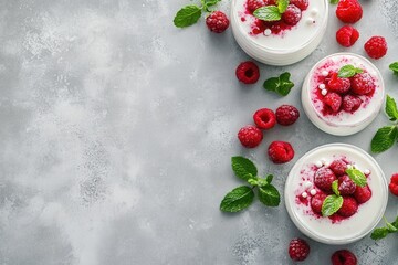 Wall Mural - Delightful Panna Cotta Dessert Garnished with Berry Sauce, Fresh Berries, and Mint Leaves on a Subtle Gray Backdrop