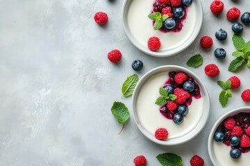 Wall Mural - Delectable Panna Cotta Delight: Creamy Italian Dessert with Berry Sauce, Fresh Fruits, and Mint Garnish on a Stylish Gray Backdrop