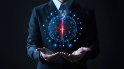 Poster - Hands Holding a Digital Brain Representation with Network Connections and Light Effects, Symbolizing Technology and Intelligence Exploration in Dark Background