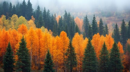 Wall Mural - Fog rolling over colorful autumn forest landscape