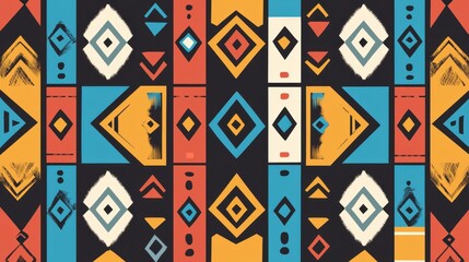 Poster - Colorful Geometric Pattern with Bold Shapes and Vibrant Colors on a Dark Background, Ideal for Creative Projects and Design Applications