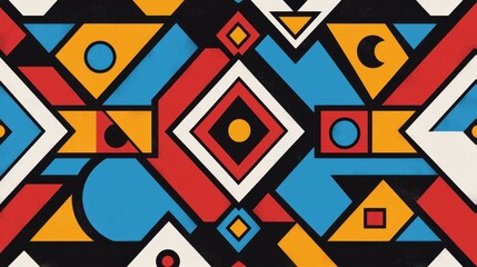 Poster - Vibrant geometric pattern with colorful shapes in red, blue, yellow, and black for decorative, modern, and abstract designs in various creative projects