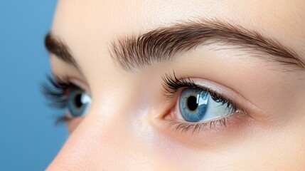 Aufkleber - Bright blue eyes shine with curiosity and depth, framed by perfectly groomed brows. The calm backdrop enhances their captivating nature, inviting contemplation of inner thoughts