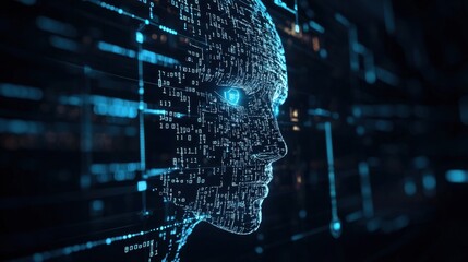 Poster - Futuristic digital human-like face with binary code and glowing blue elements representing artificial intelligence and technology advancement