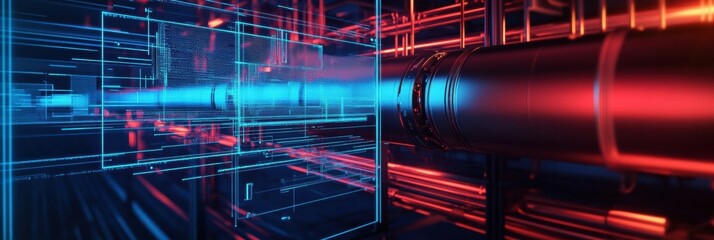 Poster - Thermal imaging of a gas leak showcasing blue and red heat signatures on a high tech analysis screen in an industrial setting. Generative AI