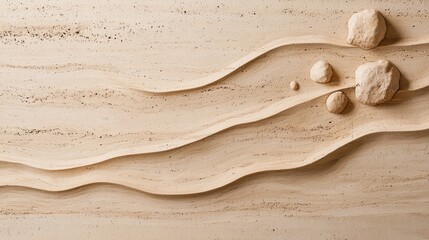 Poster - Elegant abstract wood texture with smooth curves and natural stones, showcasing harmony and warmth in a minimalist design suitable for decor and background use