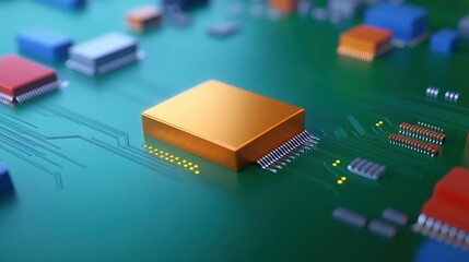 Poster - Golden Chip on Circuit Board Representing IoT Solutions and Cloud Infrastructure in Modern Technology Landscape