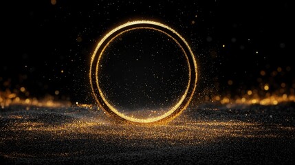 Poster - glowing golden circle surrounded by floating dust particles on a dark background evoking mystery and