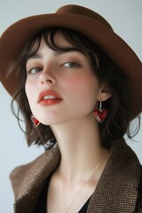 Wall Mural - Fashion model wearing brown hat and red heart earrings posing in studio