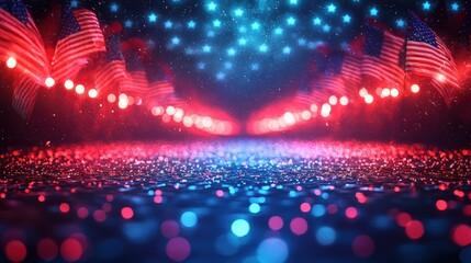 Poster - Vibrant Festival Atmosphere with American Flags and Colorful Lights in a Magical Space