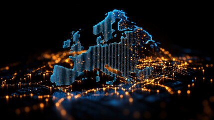 Poster - Map of the world with glowing lights illustrating telecommunication and data transfer networks across europe
