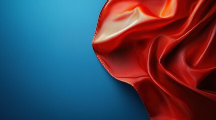 Poster - Vibrant Red Fabric Draped Elegantly Over a Smooth Blue Surface in a Realistic Photography Style