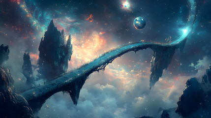 bridge made of shimmering light connecting two floating worlds in the cosmos