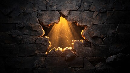 Poster - dramatic visualization of a star-shaped crack in an ancient wall revealing warm light and dust parti