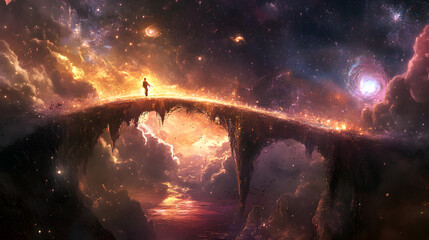 bridge made of shimmering light connecting two floating worlds in the cosmos 