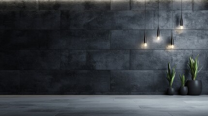 Poster - Modern minimalist interior with black textured wall, pendant lights, and decorative plants in stylish pots showcasing contemporary design aesthetics
