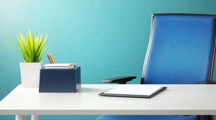 Poster - Modern Office Workspace with Blue Chair and Green Plant on a Bright Background for Creative and Productive Atmosphere
