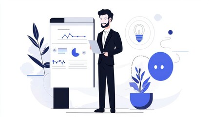 Poster - Professional man in business suit analyzing data on clipboard with charts and graphs in a modern office environment with plants and lightbulb illustration